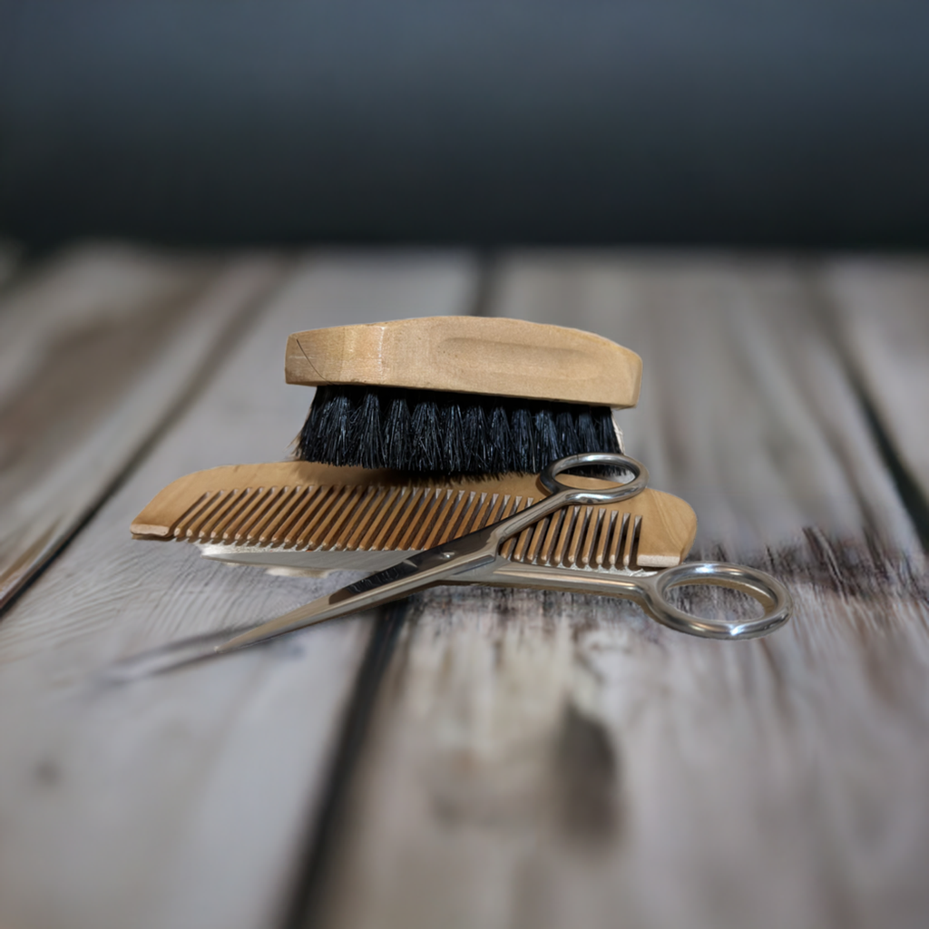 Beard Brush and Comb Set for Men, Boar Bristle Brush, Wood Mustache Comb and Beard Trimming Scissors with Travel Pouch