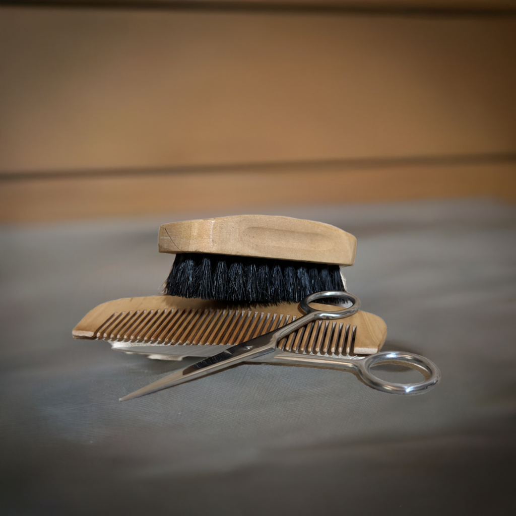 Beard Brush and Comb Set for Men, Boar Bristle Brush, Wood Mustache Comb and Beard Trimming Scissors with Travel Pouch
