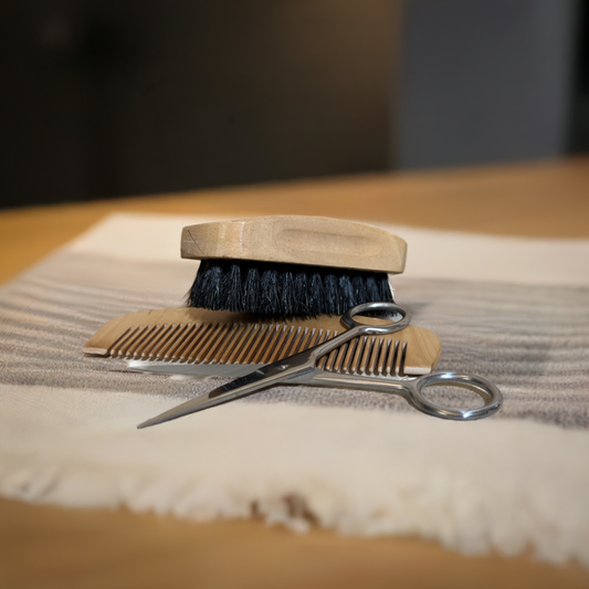 Beard Brush and Comb Set for Men, Boar Bristle Brush, Wood Mustache Comb and Beard Trimming Scissors with Travel Pouch