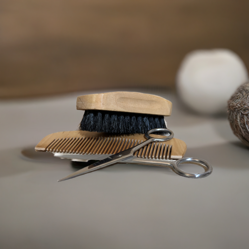 Beard Brush and Comb Set for Men, Boar Bristle Brush, Wood Mustache Comb and Beard Trimming Scissors with Travel Pouch